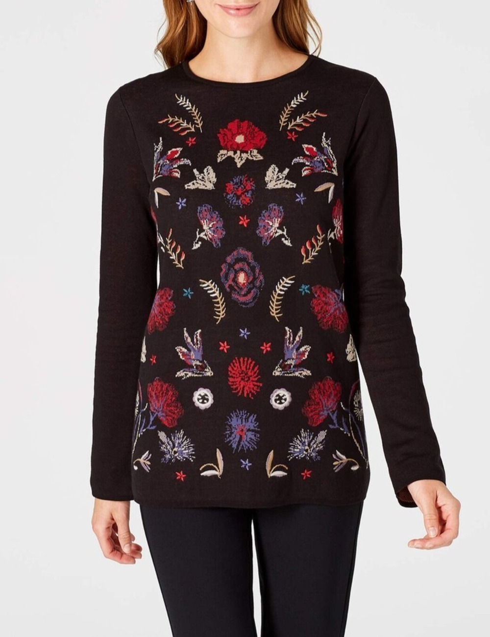 J Jill Floral Embroidered Pullover Sweater Womens 3X Black Floral Jacquard Knit